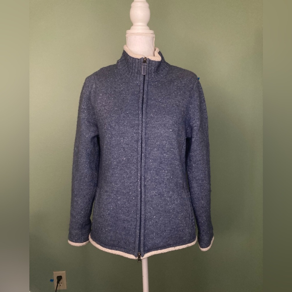 LL Bean Sweater Jacket Women’s Medium M Regular Blue Full Zip Lambswool Wool
